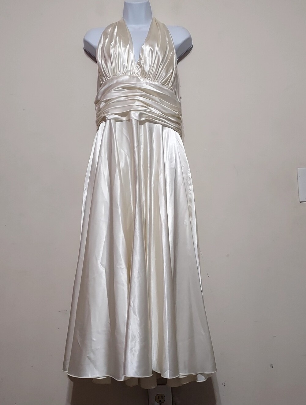 Aspeed Vintage Cream Ruched Pleated Halter Satin Midi Dress Sz-L